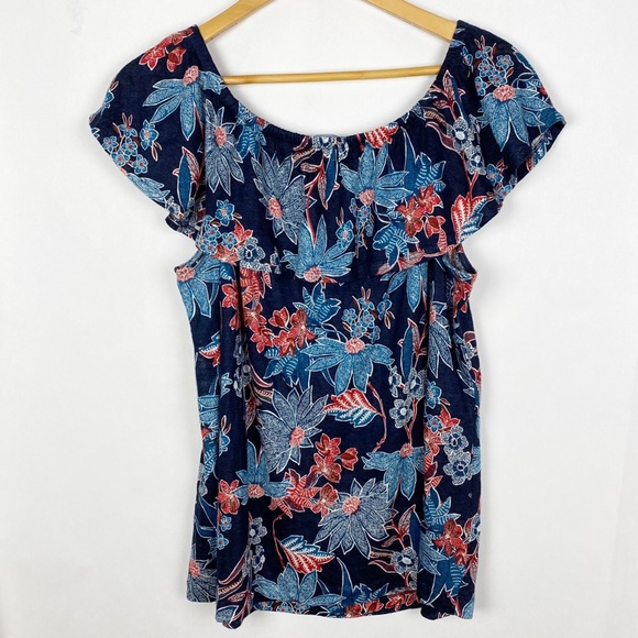 J Jill Love Linen Sarasa Ruffled Tropical Top Size Large Petite - Picture 2 of 9